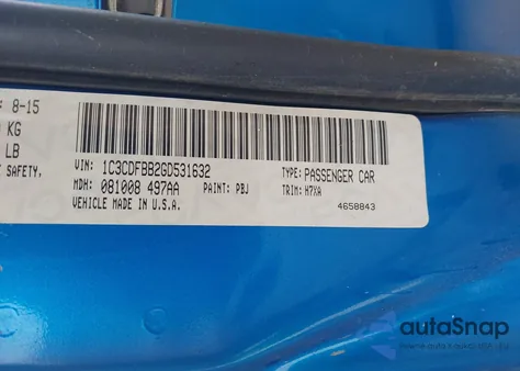 2016 Dodge Dart Sxt из США, поврежденный, VIN 1C3CDFBB2GD531632